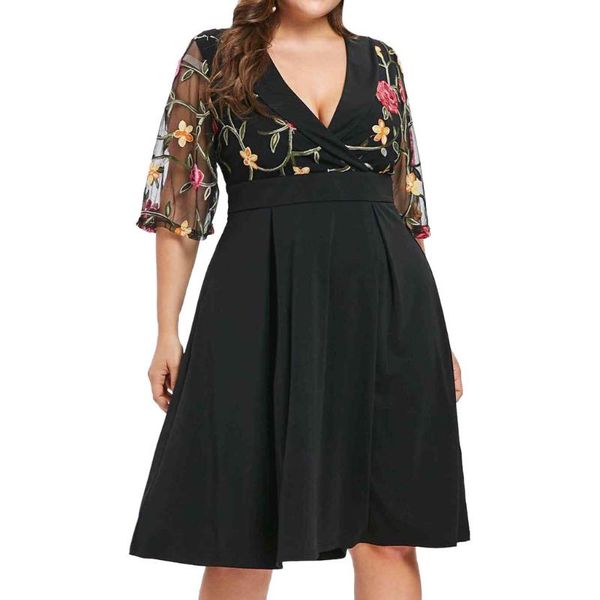 

casual dresses fashion women floral short sleeve plus size solid applique v-neck dress vestidos de verano #g3, Black;gray