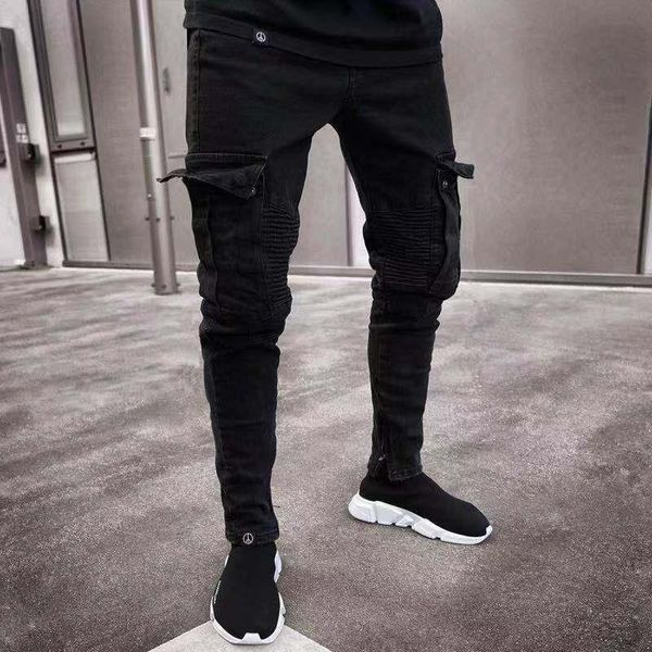 

black jeans men fashion knee pleated multi pockets mid waist skinny jeans homme casual slim sports jogger denim pants pantalones, Blue