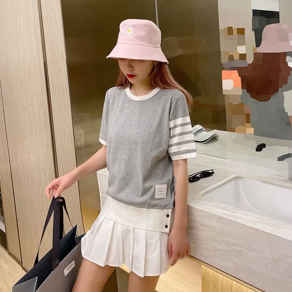 

2020 summer new fashion tb four bar stripe white edge round neck short sleeve t-shirt for men and women