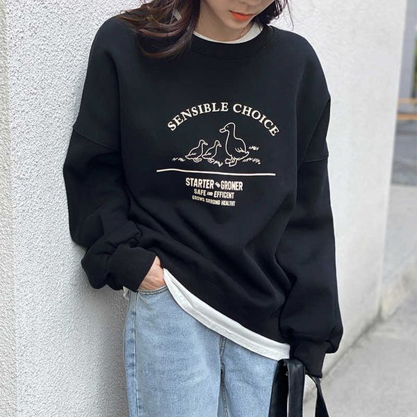 

casual dresses letters cartoon embroidery hoodies sweatshirts women korean streetwear pullover loose spring boyfriend harajuk, Black;gray