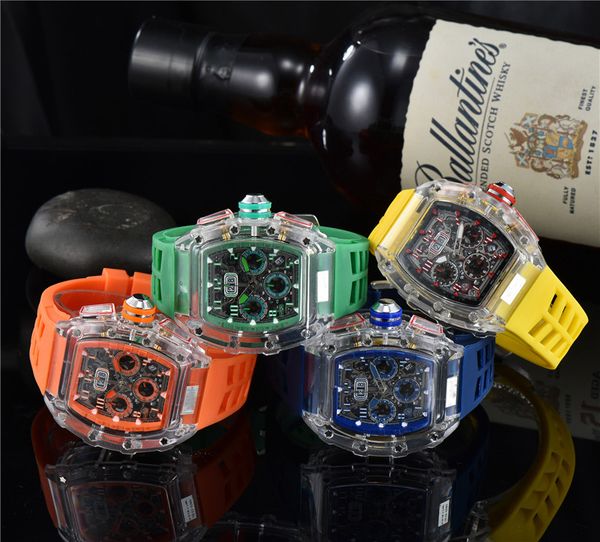 

mens watch luxury designer sport watches fashion transparent case 45mm chronograph wristwatches silicone strap quartz men clock, Slivery;brown