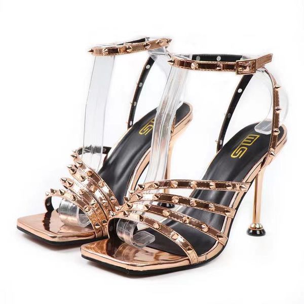 

sandals women's rivet high-heeled 2021 line buckle thin heels wear fashion roman, Black