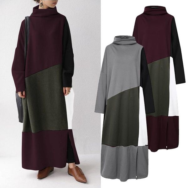 

casual dresses zanzea stylish patchwork sweatshirt dress women's turtleneck vestidos long sleeve split maxi pullovers oversized robe, Black;gray