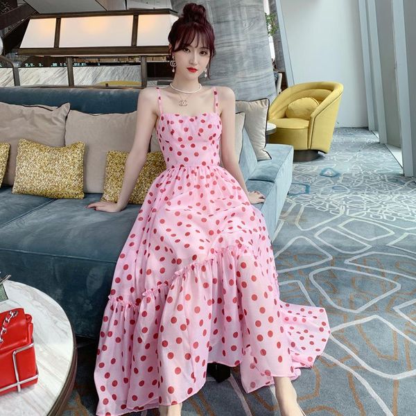 

casual dresses arrival fashion party dress women elegant summer strap sweet pink dot temperament office lady chiffon long a-line, Black;gray