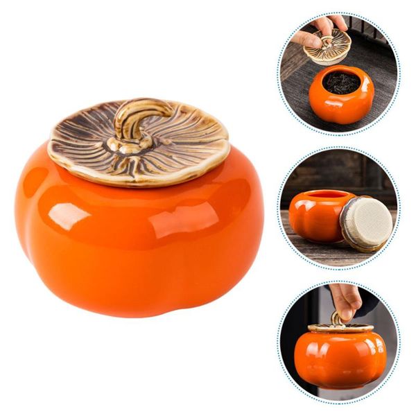 

1pc ceramic canister decorative pot persimmon shaped sealing jar orange