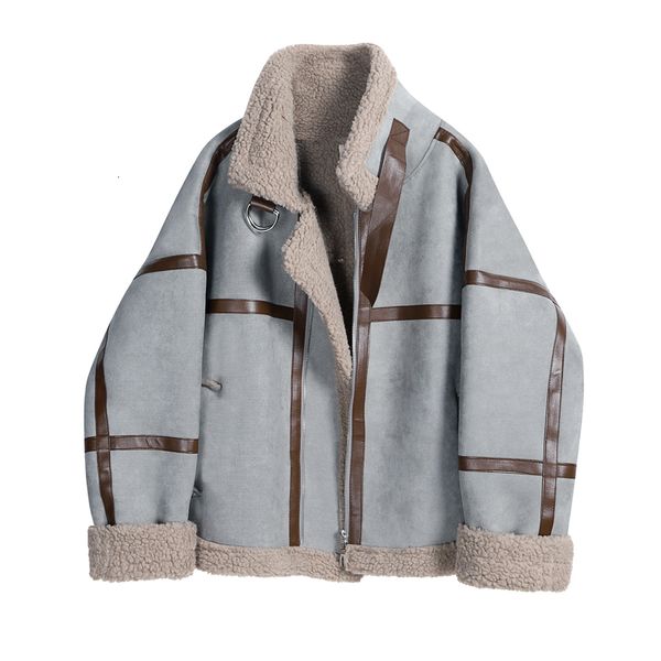 

2021 new winter women vintage faux lamb leather jacket moto biker turndown collar oversized zipper coat suede sheep outwear p6vi, Black;brown