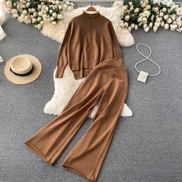 

women's two piece pants 2021 autumn winter knitted 2 set women knit tracksuit stand collar long sleeve pullover sweater +wide leg suits, White