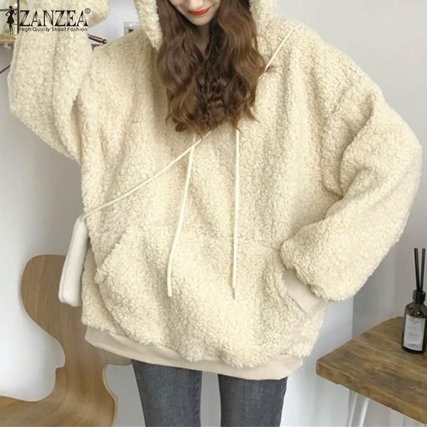 

zanzea women warm casual plush sweatshirt winter streetwear blouse lovely retro pullover hoodie outwear blusa femininas 5xl coat, Black
