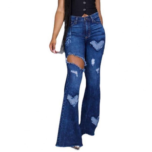 

women's jeans women flare ripped heart pattern summer autumn solid color all match denim pants streetwear casual clothing 2021, Blue