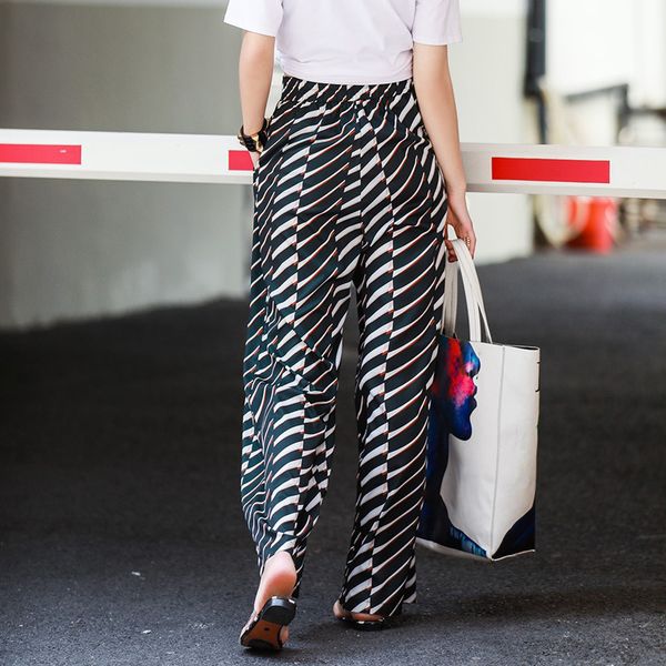 

striped wide leg pants female high waist split chiffon trousers women casual korean clothes 2021 summer fashion, Black;white