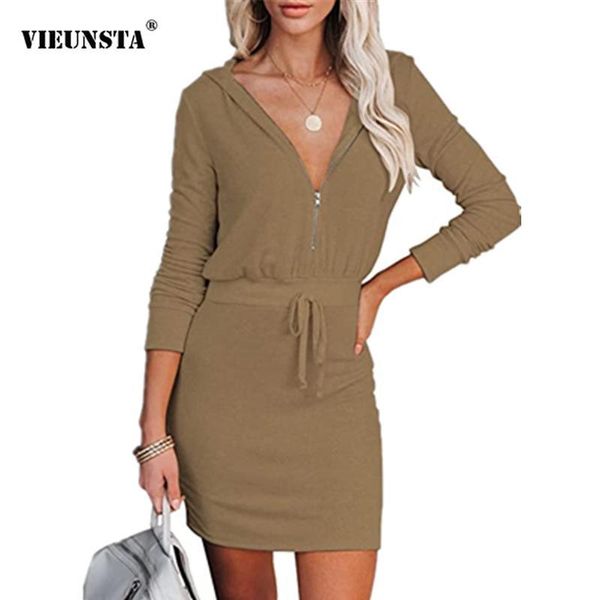 

casual dresses autumn winter elegant lace-up party women fashion zipper hooded long sleeve dress lady solid elastic waist, Black;gray