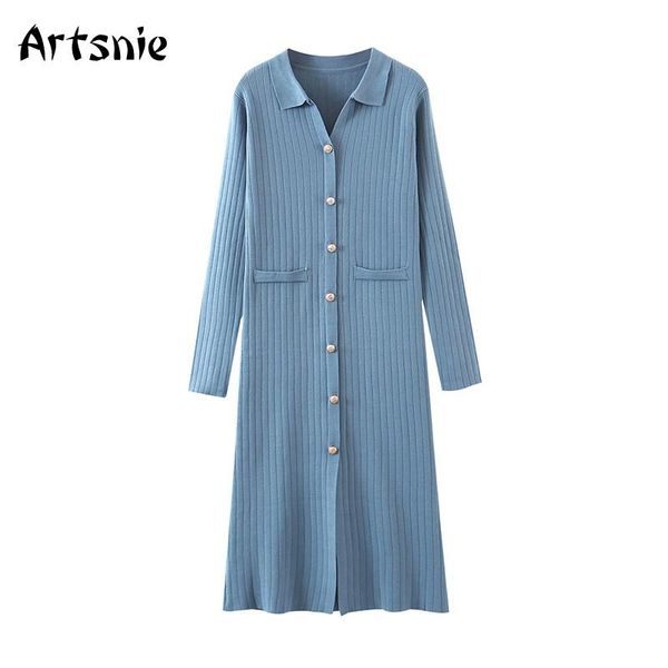 

casual dresses artsnie high waist straight maxi long dress women winter turn down collar sleeve knitted button green vestidos, Black;gray