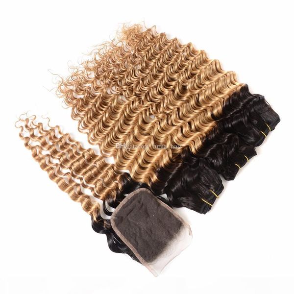 

1b 27 deep weave human hair extensions 3 bundles with part lace closure 8a grade brazilian human hair unprocessed virgin hair, Black;brown