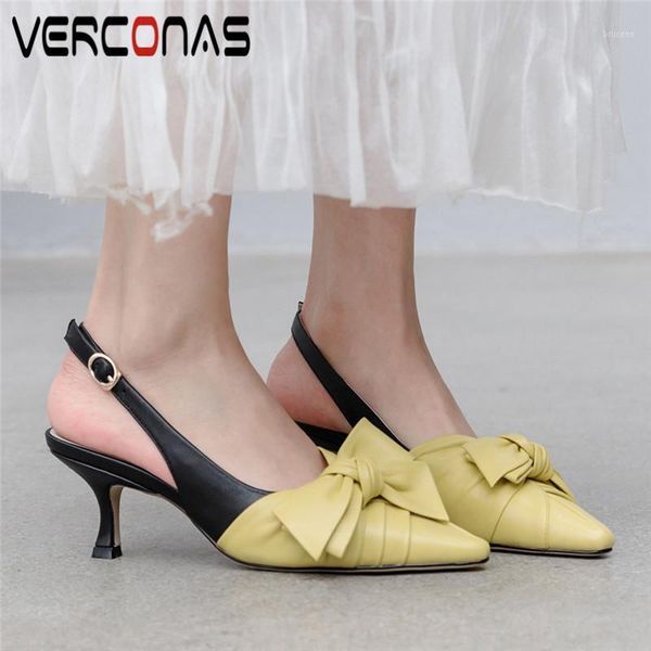 

dress shoes verconas women genuine leather butterfly knot thin heels high heeled pointed toe party pumps summer concise sandals woman1, Black