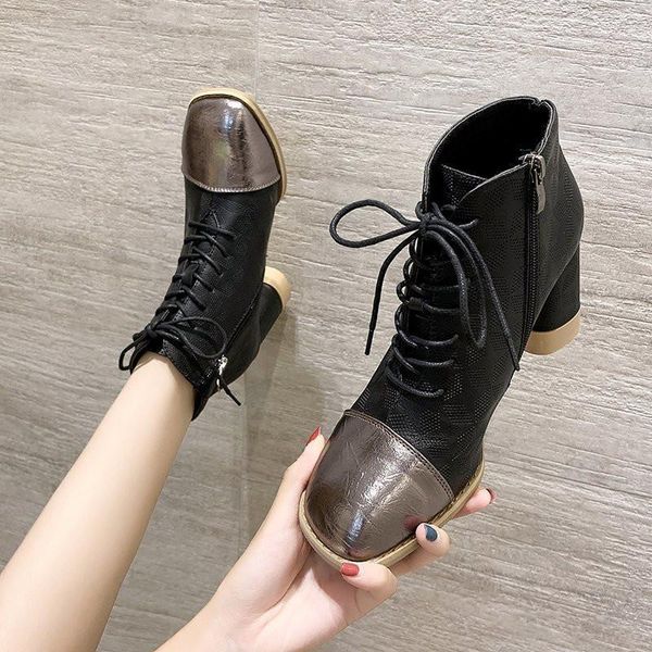 

boots cootelili women ankle fashion shoes square toe .5cm heel zip and lace up wedges black beige basic for woman 35-391