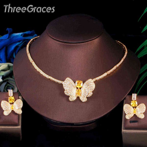 Threegraces lindo amarelo zirconia cúbica grande borboleta brincos Colar casamento nupcial jóias conjunto para noivas bijoux tz608 h1022