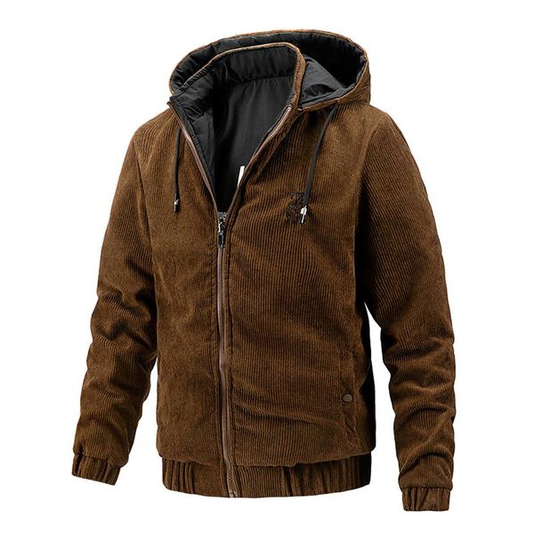 

men's jackets men vintage autumn winter corduroy jacket for warm long sleeve hooded coat casual zipper pocket overcoat streetwear, Black;brown