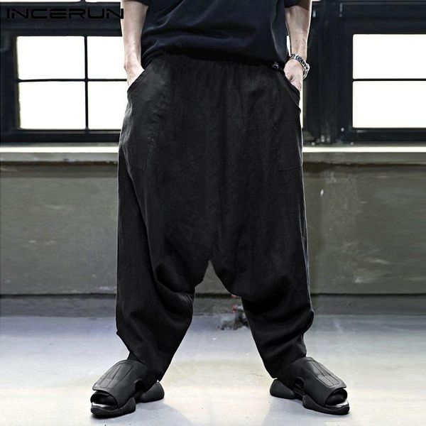 

men's pants men casual joggers solid color elastic waist 2021 loose streetwear vintage drop crotch trousers cotton pantalon incerun, Black