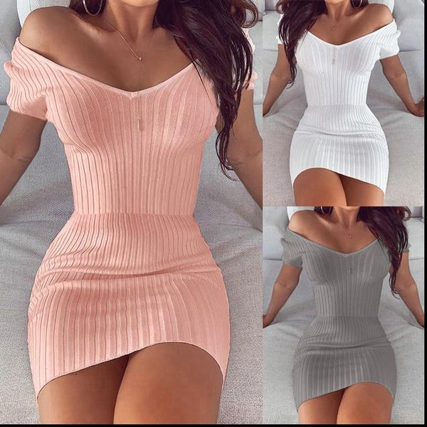 

2021 temperament v neck slim knit womens dress summer bag hip mini white elegant casual dress office tight dresses, Black;gray