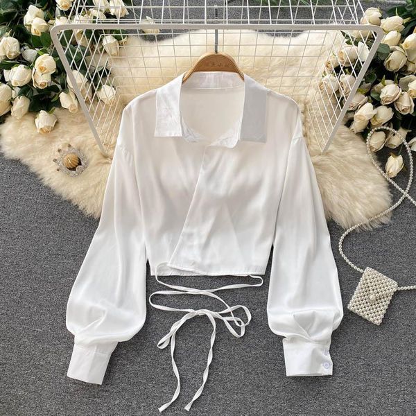 

women's blouses & shirts ins fashion bandage shirt women 2021 summer solid female satin long sleeve white black ladies short slim blou