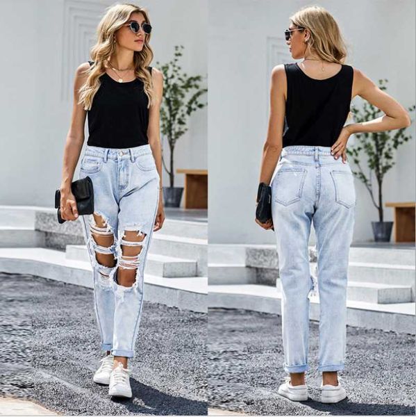 

european and american light-colored worn white ripped denim straight leg pants casual trousers, Blue