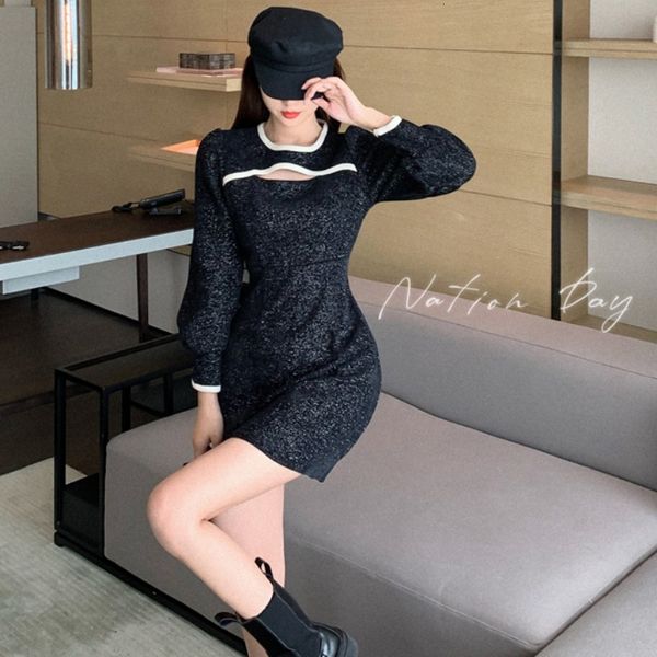

dressed in black french 2021 autumn and elegant new winter retro with small hollow-out highlights cinched female dress oy3l, Black;gray