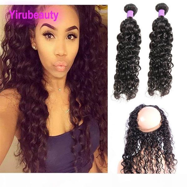 

malaysian virgin human hair extensions with 360 lace frontal water wave bundles with lace frontal closure 8-30inch pre plucked hair wefts, Black;brown