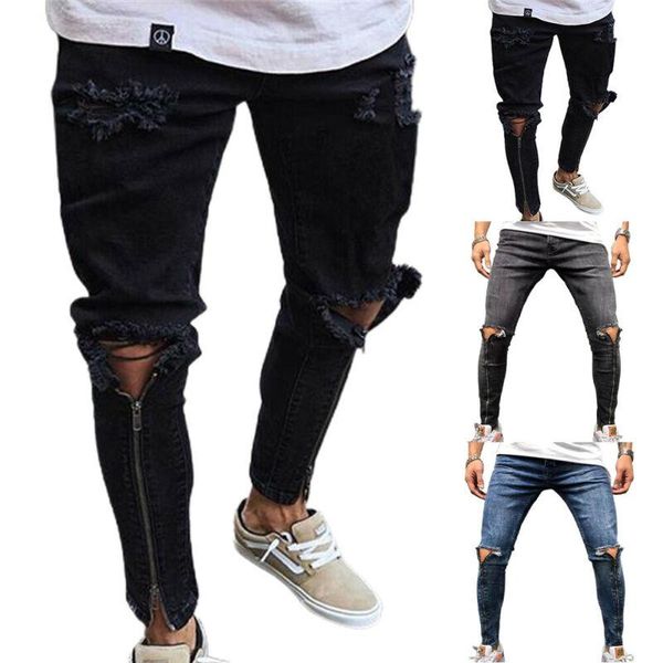 

men's pants mens knee ripped jeans casual long pant slim fit zip skinny distressed trousers, Black