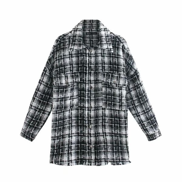 

women's jackets vintage chic textured plaid tweed women fashion turn-down collar pockets buttons shirt jacket coat, Black;brown