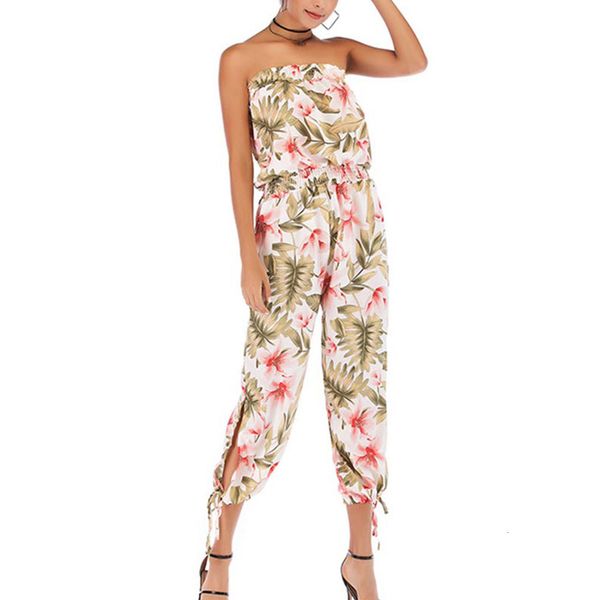 

2021 new women off shoulder elastic waist loose jumpsuit summer elegant floral print jumpsuits boho beach holiday romper yae1, Black;white