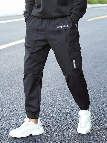 

men letter patched detail flap pocket drawstring waist pants d0d7#, Black