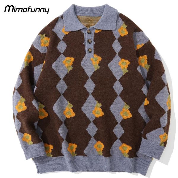 

men's sweaters sweater men rose flower color block turn-down knitted jumpers couple casual college style japanese retro streetw, White;black