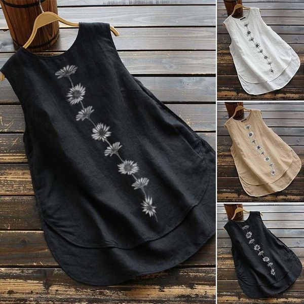 

Women's Blouses & Shirts Irregular ZANZEA 2021 Vintage Printed Tops Casual Sleeveless Summer Blusas Female O Neck Tunic Chemise, White