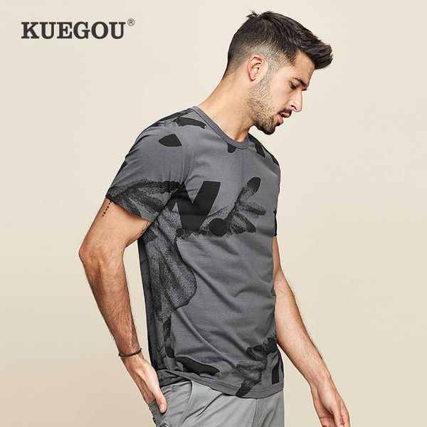 Kuegou Algodão Homem T-shirt de Manga Curta Impressão Moda Tshirt para Homens Slim Verão Tee Top Cinza Plus Size ZT-390 / ZT-380 210629