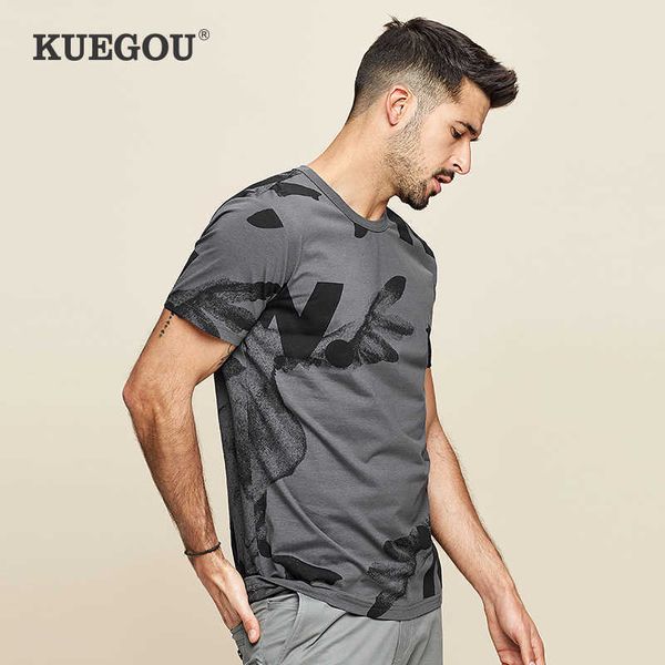 Kuegou Algodão Homem T-shirt de Manga Curta Impressão Moda Tshirt para Homens Slim Verão Tee Top Cinza Plus Size ZT-390 / ZT-380 210629