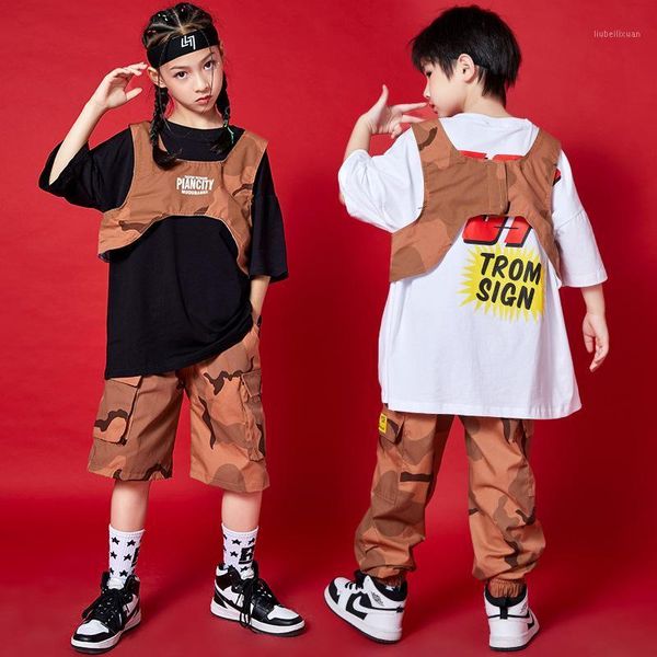 

clothing sets boys hip hop girls camouflage vest cargo pant outfits children military jogger street dance kids streetwear costume sports sui, White