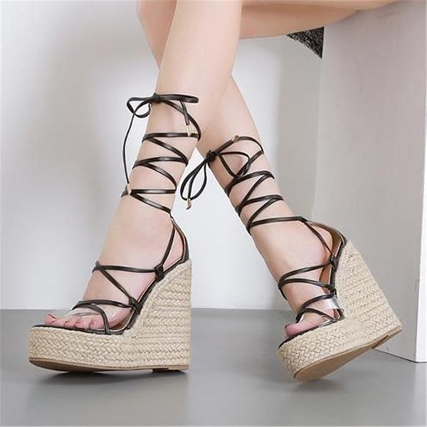 

sandals fashion summer straw weaving sole women open toe ankle frenulum ladies platform wedges high heel shoes plus size 35-42, Black