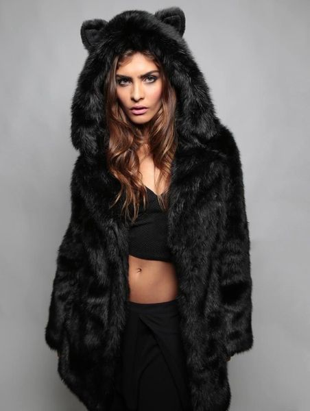 

women's fur & faux ear hooded coats like wolf artificial coat cartoon plush jacket hood animal hat women outwear, Black