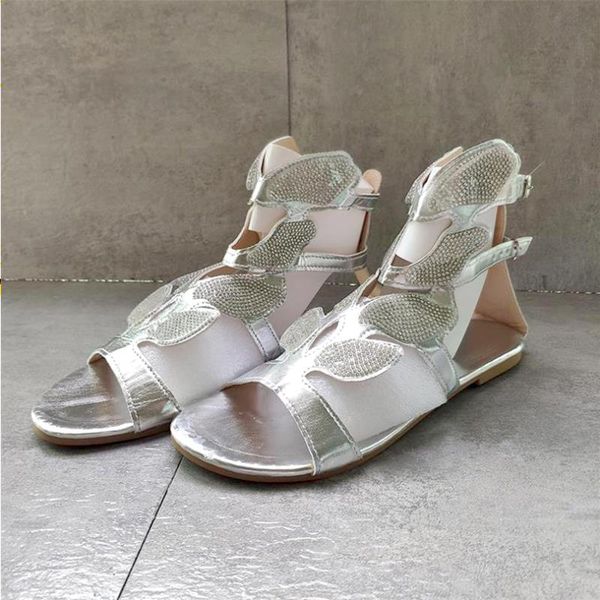 

woman slippers open shoes sandals slides ladies butterfly 35-43 flats female fashion crystal rhinestone toe size zipper ankle no14 muko, Black