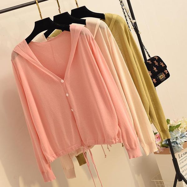 

women's knits & tees 2021 summer korean style solid v-neck hooded cardigans female casual oversized all-match ice silk knitted sweaters, White