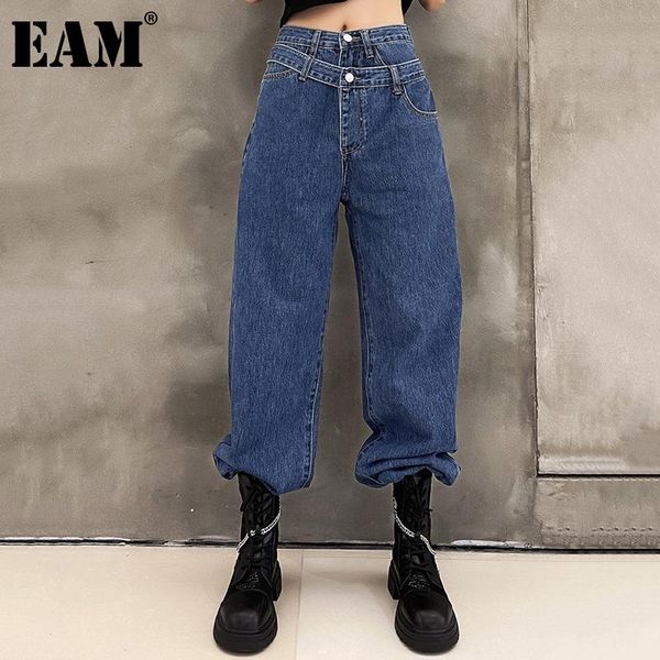 

women's jeans [eam] high waist blue spliced long casual wide leg loose women trousers fashion tide spring autumn 2021 1de1183