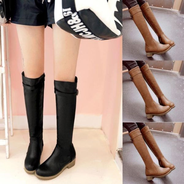 

boots women winter leather long tube bare solid pu square heel causal motorcycle booties warm outdoor footwear mujer, Black