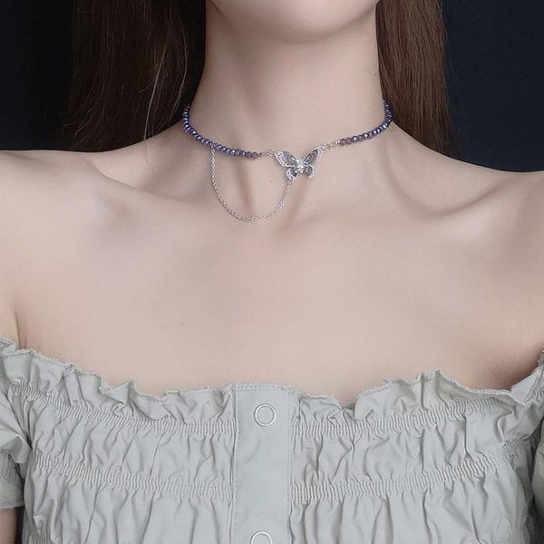 

the butterfly necklace female design texture ins cold wind purple crystal chain collar collar bone, Golden;silver