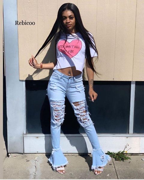 

women's jeans ripped for women hole summer high waist bell bottom skinny trousers vintage stretch flare denim pants, Blue