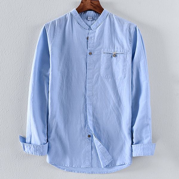 

2021 new brand long sleeve flax men solid fashion chinese collar blue shirt mens large size cotton and linen shirts male camisa g50w, White;black