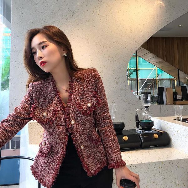 

women's jackets 2021 ladies tweed pearl retro v-neck small fragrant wind short jacket female cute and thin autumn winter product red, Black;brown