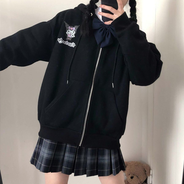 

deeptown kuromi anime print hoodie women winter kawaii fashion zip up hoodie women long sleeve cute print plus velvet sweatshirt, Black