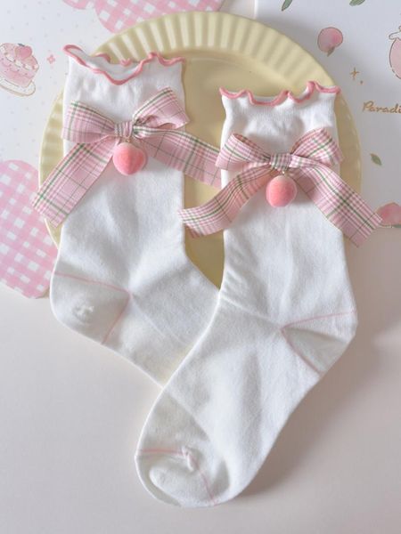 

lovely lolita socks women's japanese peach tube cotton lace socks korea jk bow