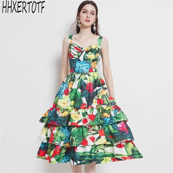 

summer tiered ruffles cake dres's elegant european temperament print back elastic strap cake dress 210531, Black;gray