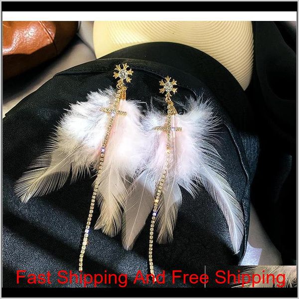 

s947 fashion jewelry s925 silver needle feather earrings rhisntone cross long tassel d sqcvgk wabqz iei1o